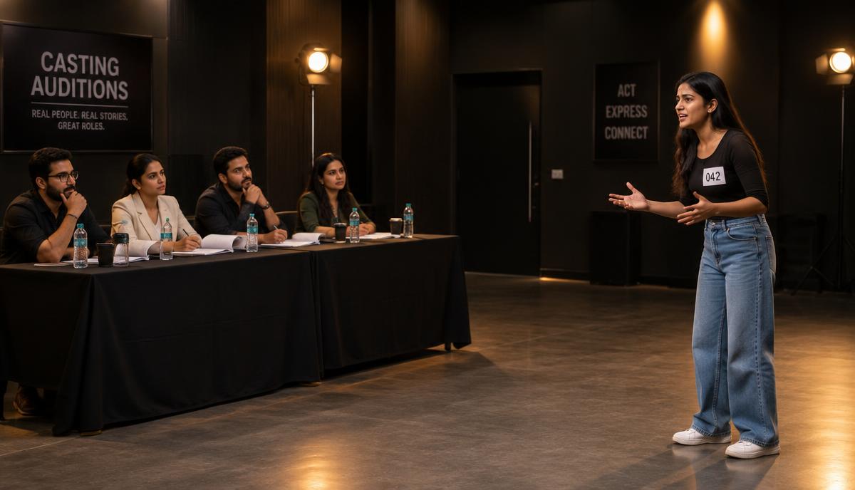 Young performer acting out a scene in front of a casting panel seated at a table during a casting audition