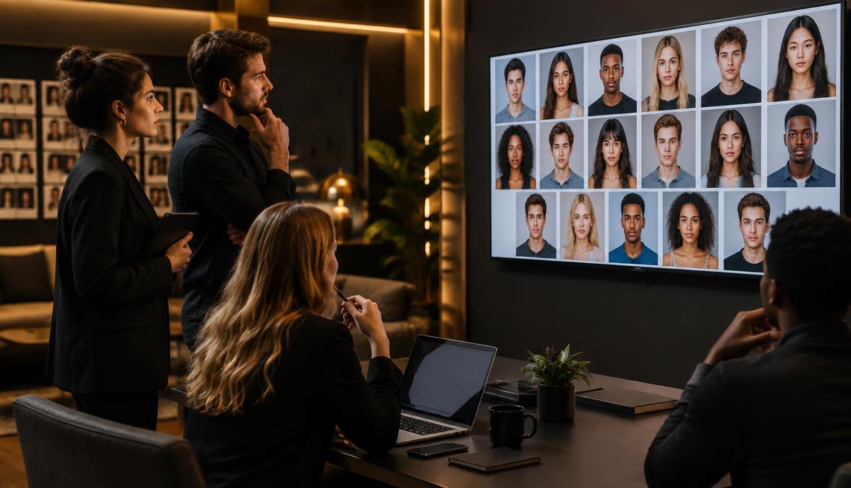 Digital casting agency team reviewing actor profiles on a large screen in a modern professional office