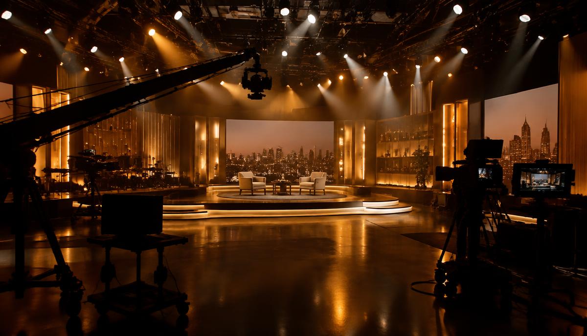 Professional television studio stage with cameras, lighting rigs and warm golden set lighting for a film production