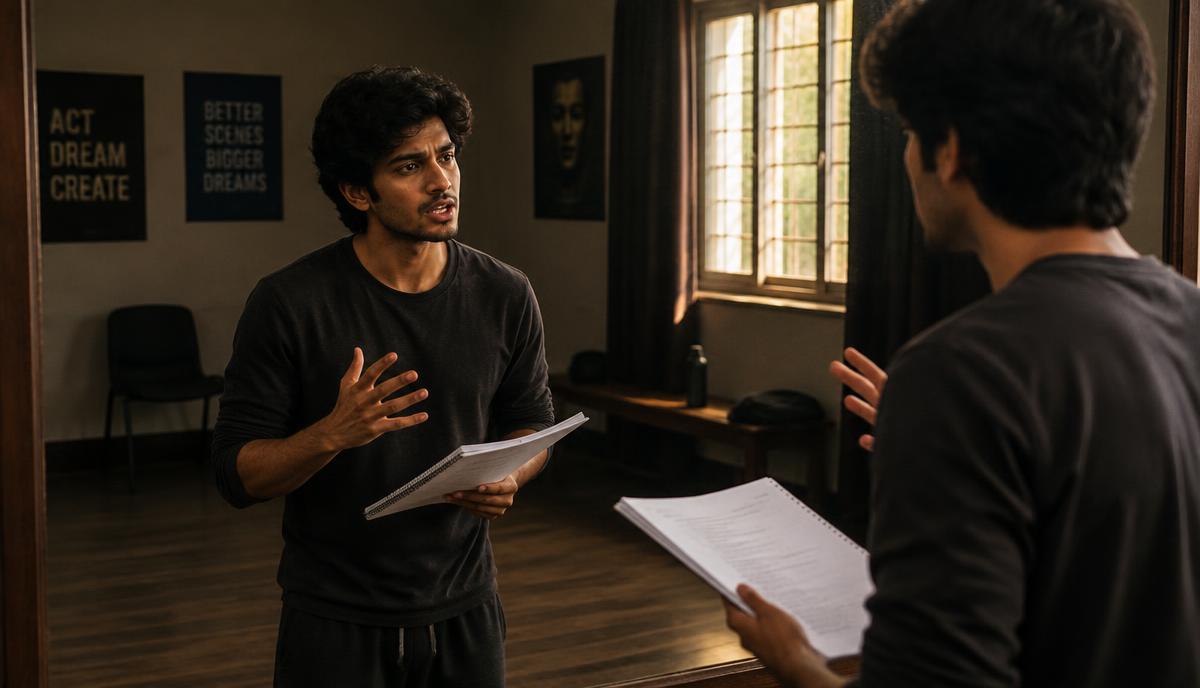 Aspiring Indian actor practicing expressions and dialogue delivery in front of a mirror holding a script