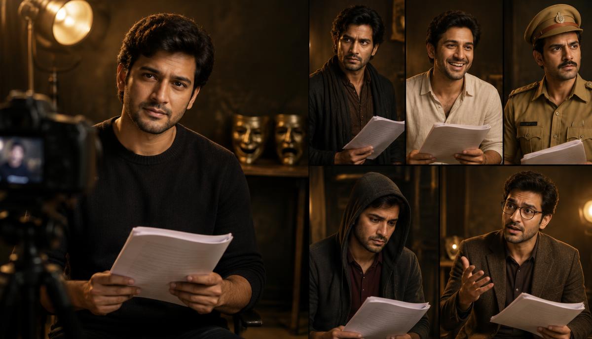 Indian actor अलग natural expressions और character looks के साथ acting portfolio तैयार करता हुआ
