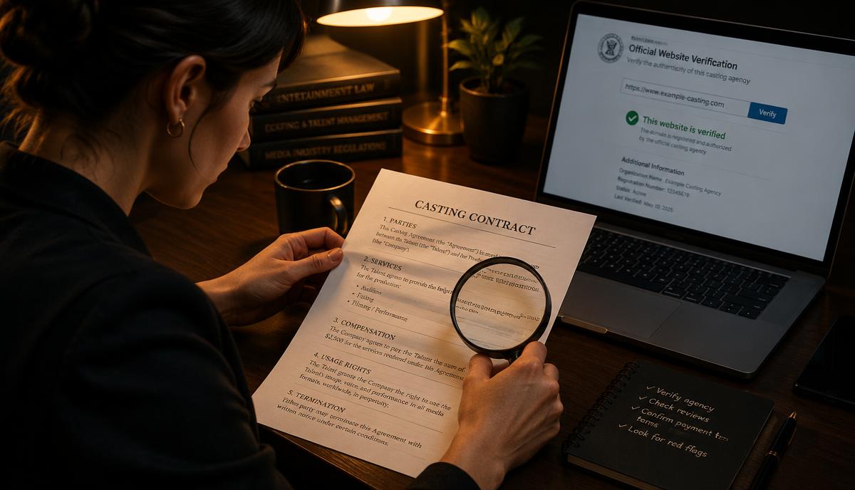 Person carefully verifying a casting contract document with a magnifying glass and laptop before making any payment