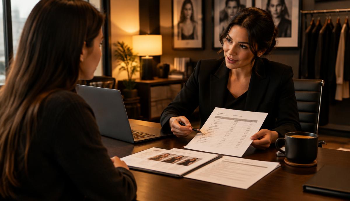 Professional consultation where casting service details and price list are explained on documents at a desk