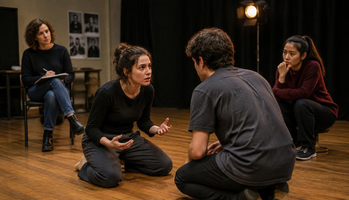 Actors practicing a dramatic scene together in a rehearsal studio with a coach observing