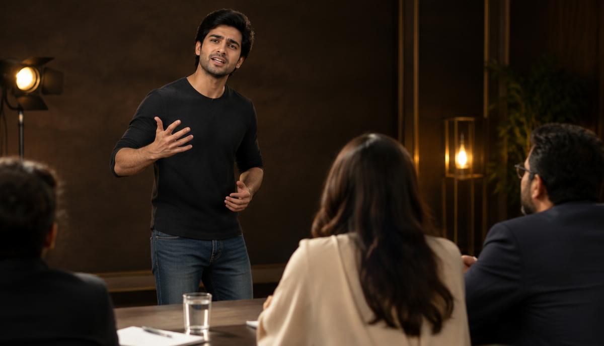 Indian actor casting panel के सामने expressions और dialogue delivery के साथ audition देता हुआ