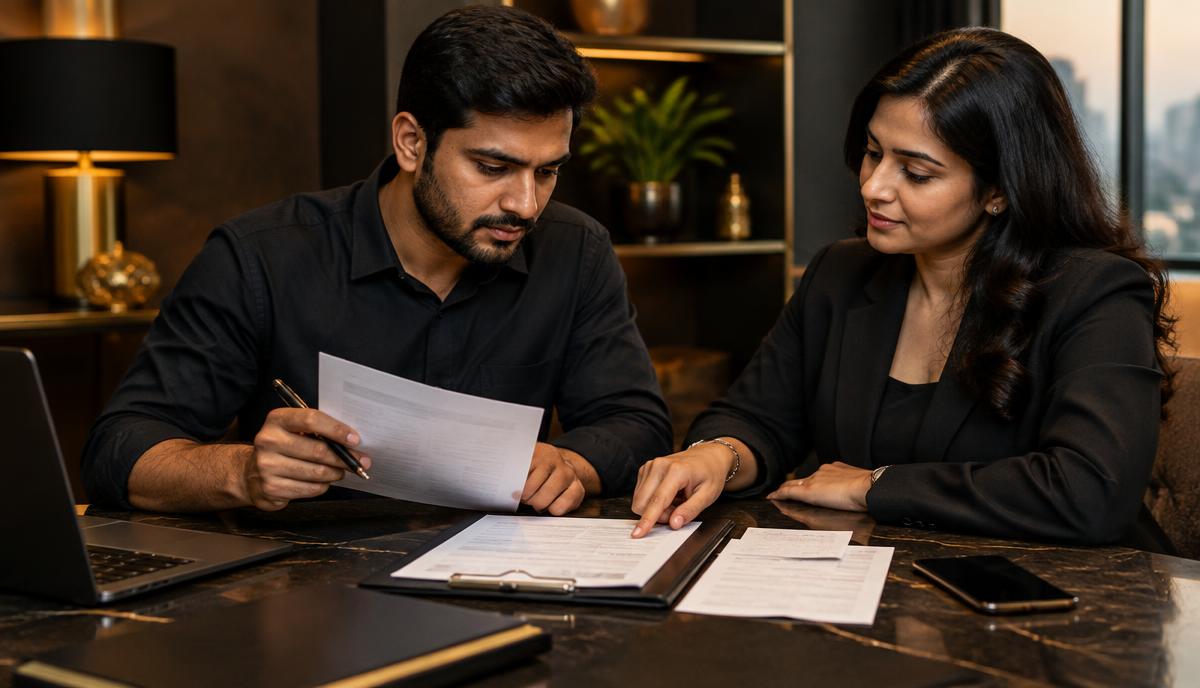 Indian candidate professional service की fee, invoice, receipt और terms verify करता हुआ