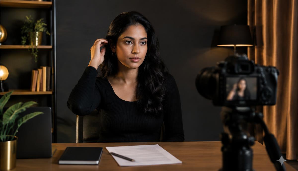 Indian actress self-tape से पहले camera framing, script, lighting और audition instructions verify करती हुई