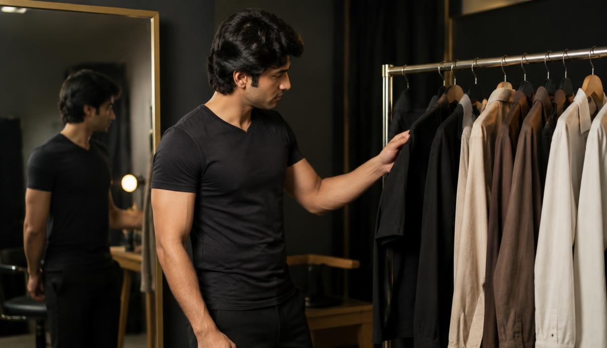 Indian actor audition के लिए simple clean neutral outfit चुनता हुआ