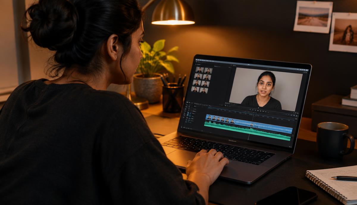 Indian performer audition video में केवल basic trimming करती हुई