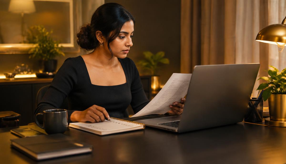 Indian candidate laptop पर casting brief, role requirements और deadline carefully verify करती हुई