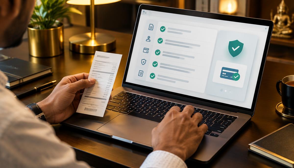Official service checklist और payment receipt को laptop पर verify करता candidate