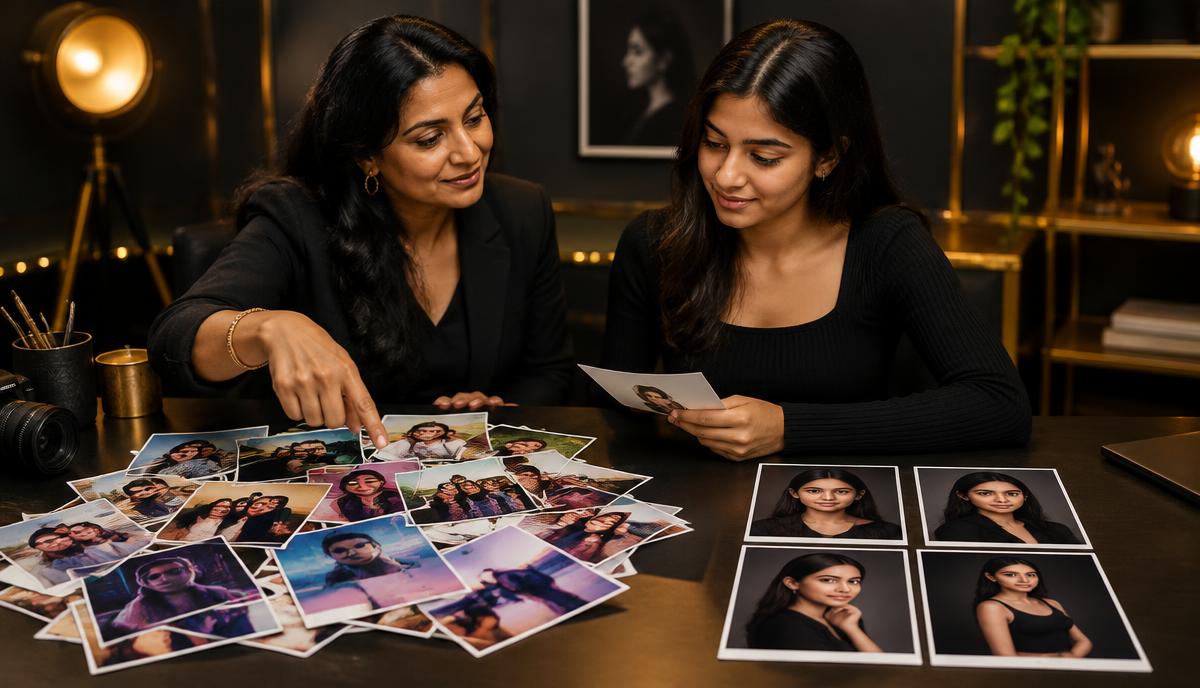 Casting mentor random selfies और outdated photos हटाकर clear professional portfolio images चुनती हुई