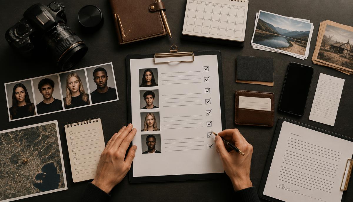 Casting verification checklist में identity, project, audition, payment और communication records check करते hands