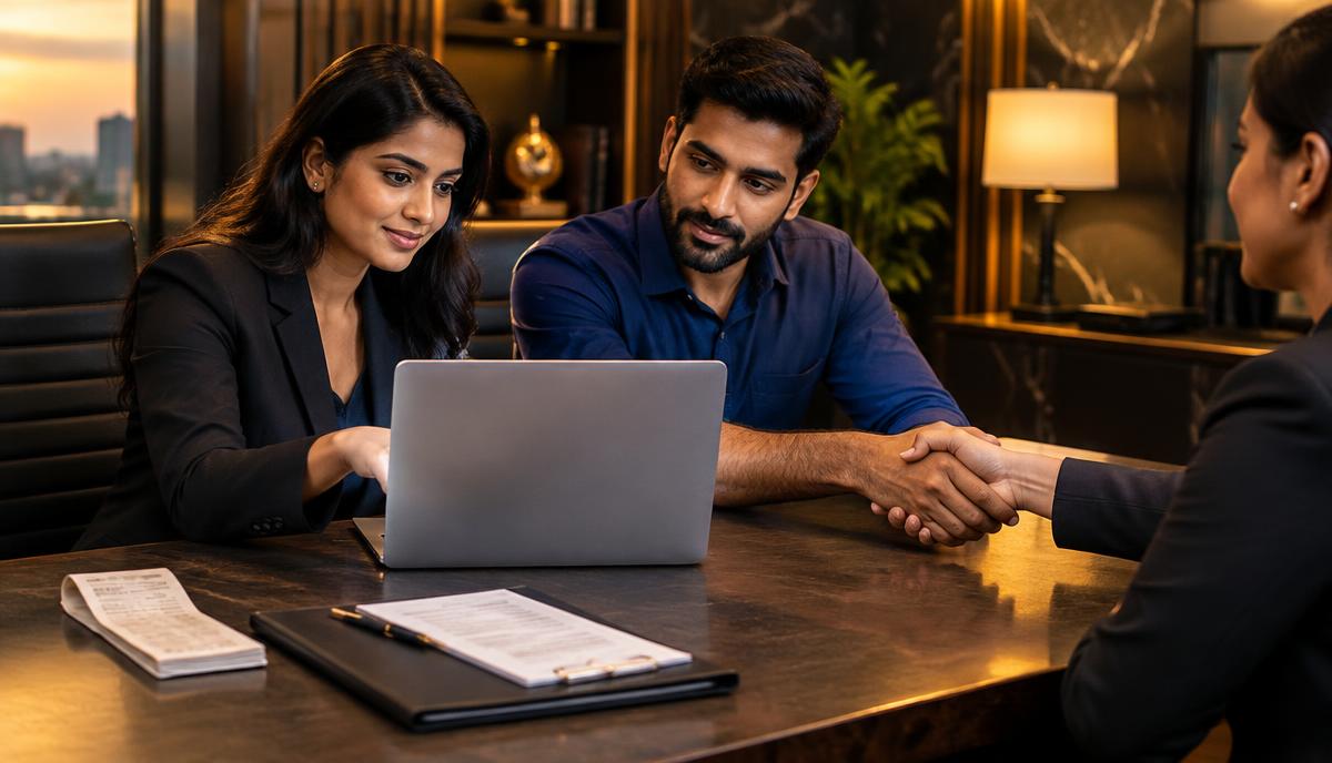 Dream Capture India service details, terms और receipt को साथ बैठकर review करते candidate और advisor