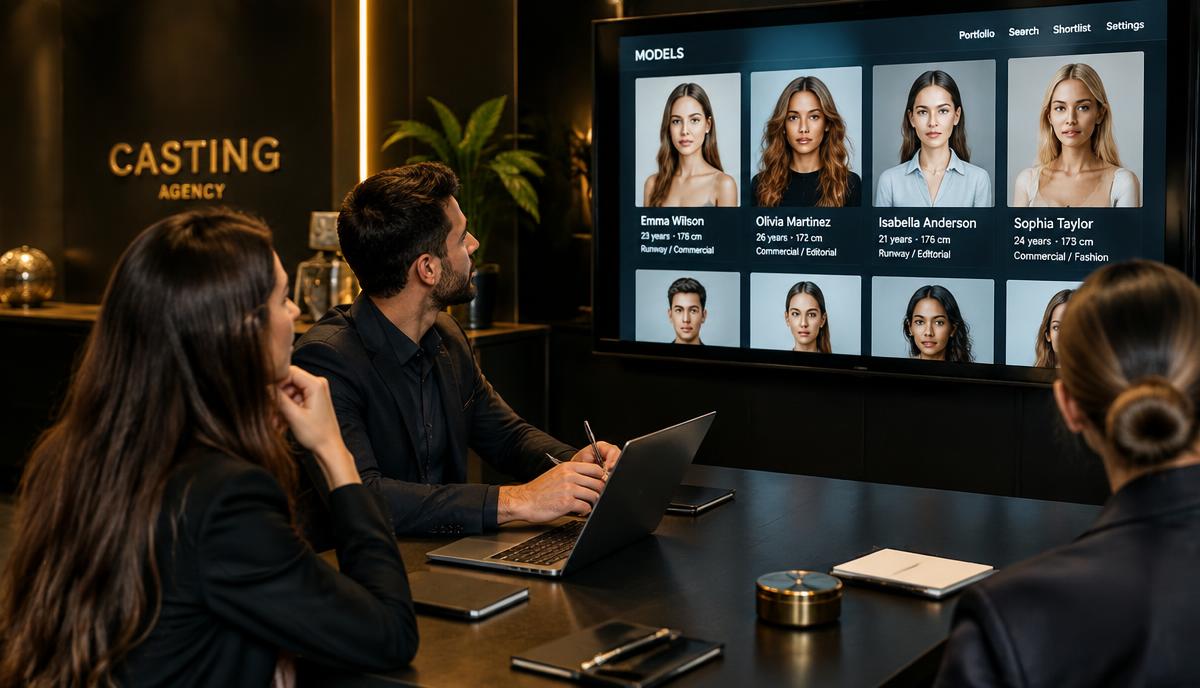 Digital casting agency team reviewing model profiles on a large screen in a modern professional office