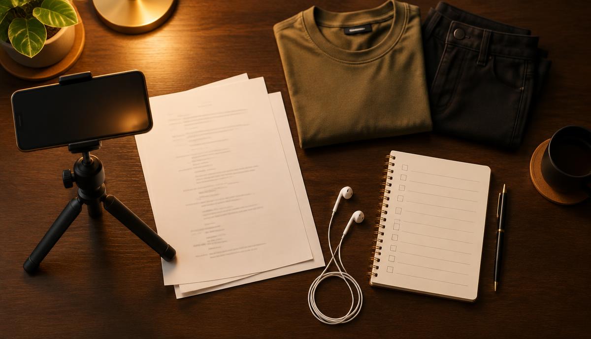 Smartphone, audition script, simple outfit और preparation checklist का professional flat lay
