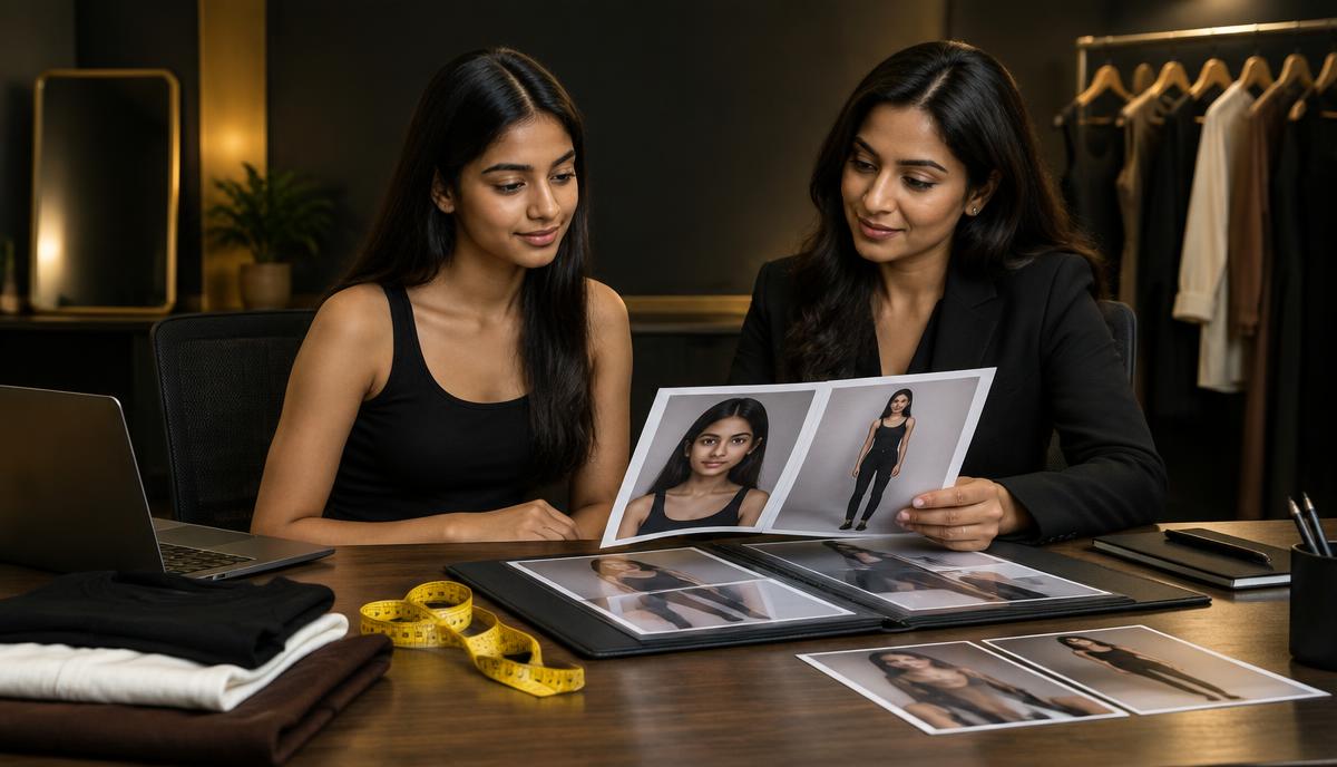 Young Indian fresher mentor के साथ headshot, full-length image और basic portfolio details चुनती हुई