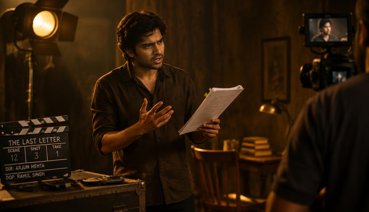 Indian young actor script हाथ में लेकर film set पर scene rehearse करता हुआ