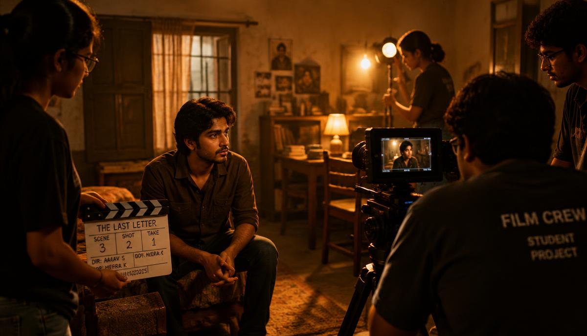 Indian young actor student film crew के साथ independent project का scene shoot करता हुआ
