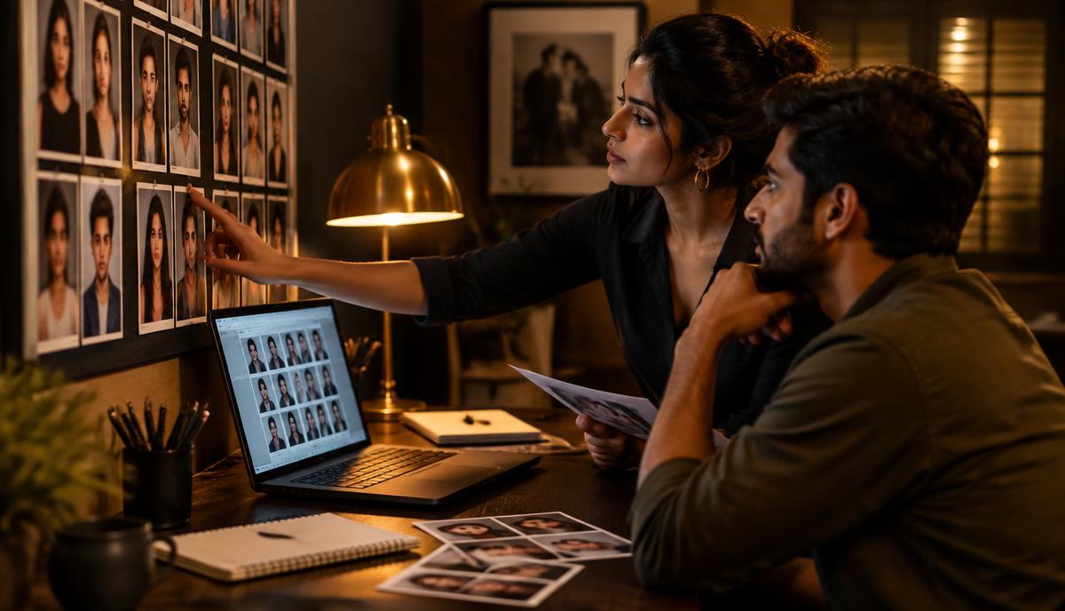 Casting coordinators board पर headshots और laptop पर profiles review करते हुए