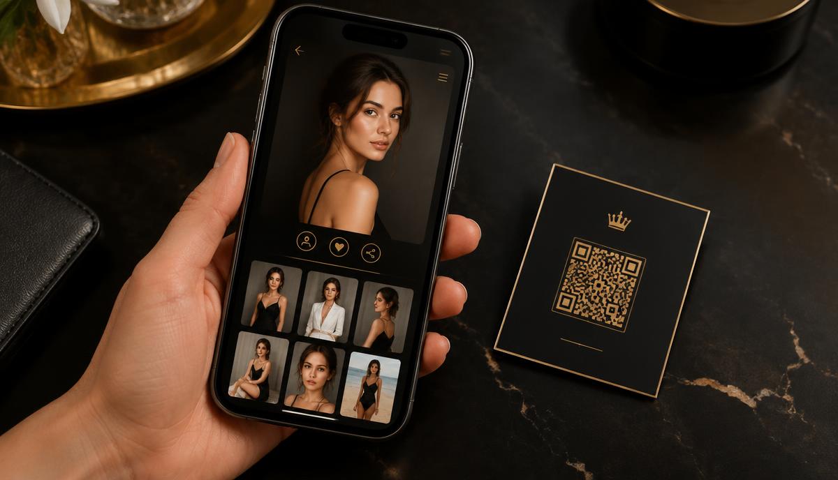 Smartphone पर photo gallery वाली online model profile और पास में QR code card