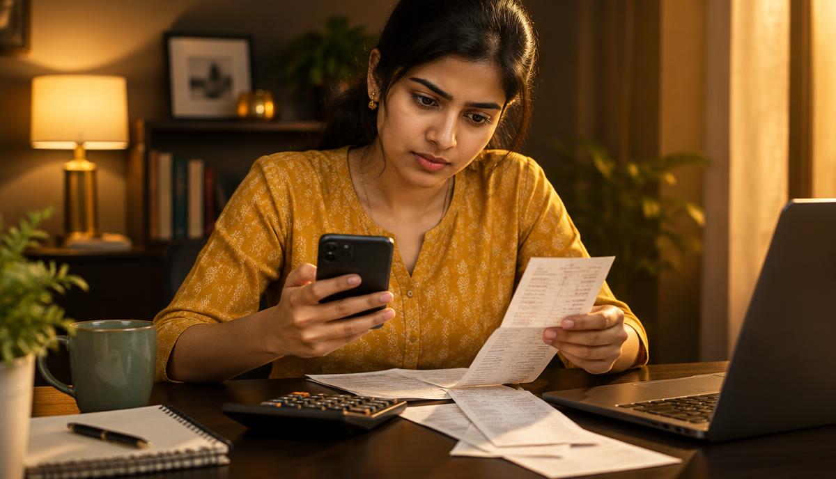 Indian young woman phone और paper पर service invoice और receipt ध्यान से check करती हुई