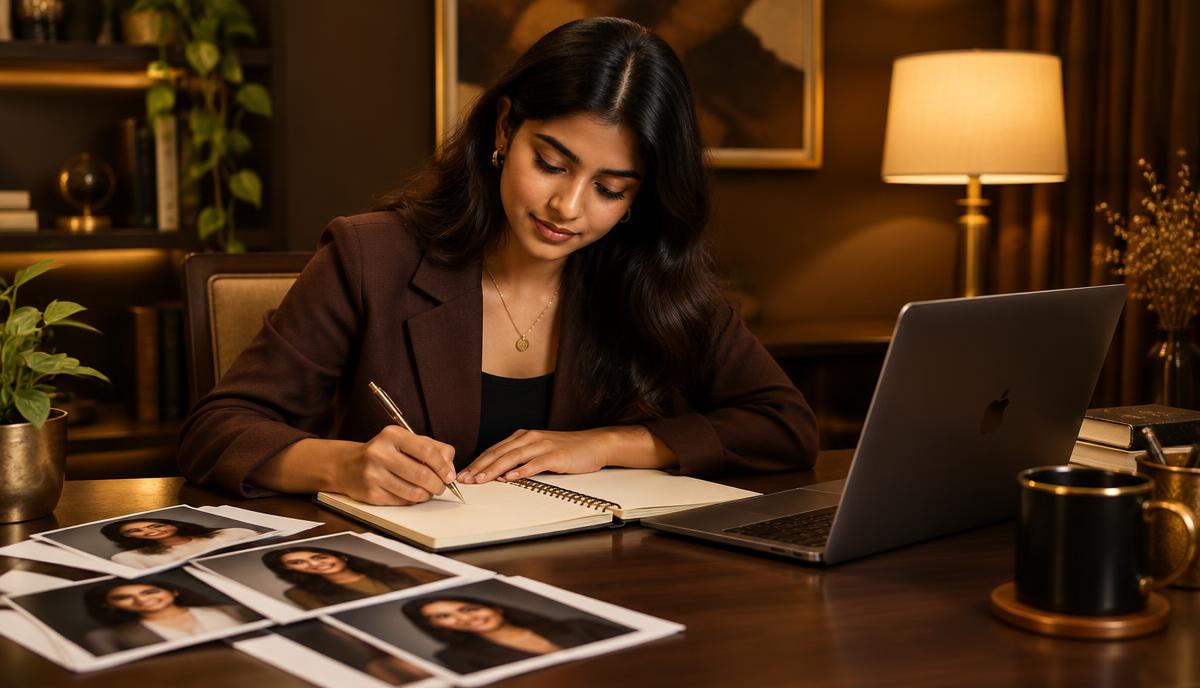 Indian young woman headshots के साथ notebook में career plan लिखती हुई