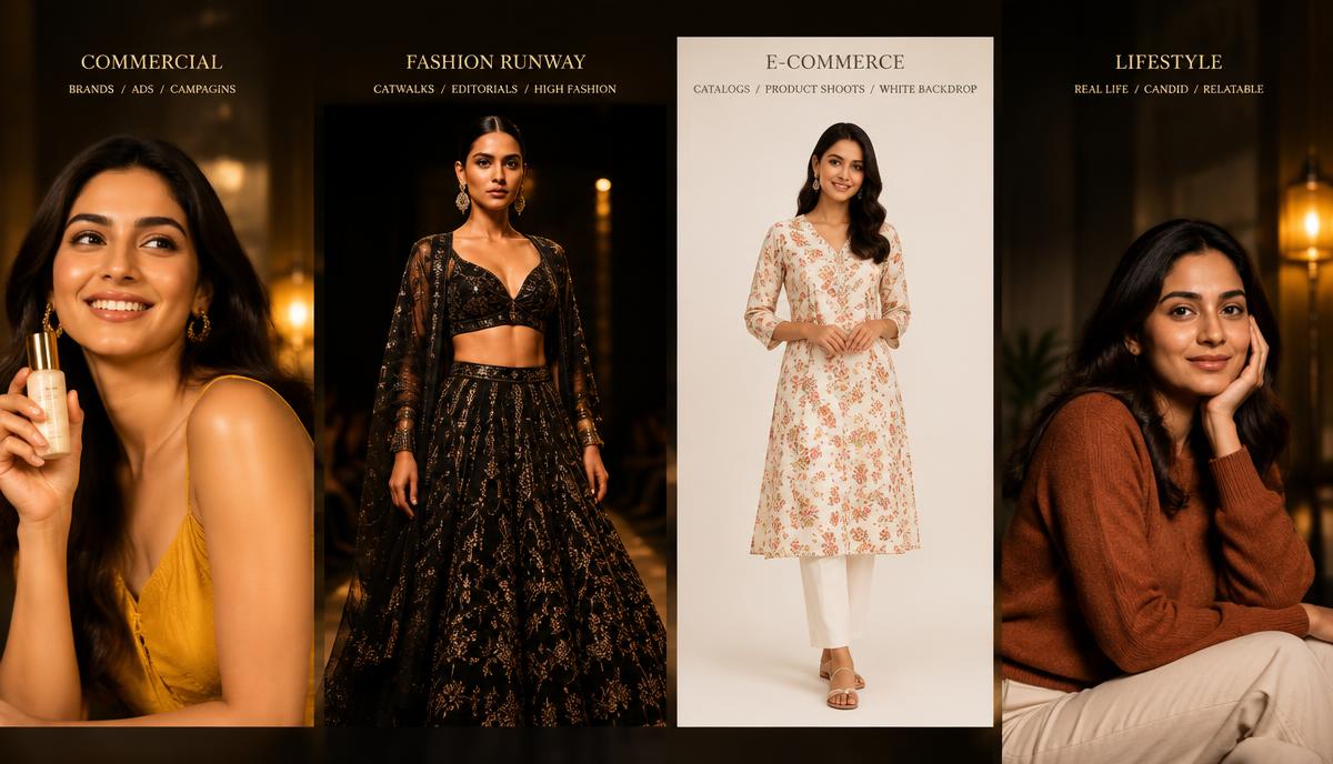 Commercial, fashion runway, e-commerce और lifestyle modeling के अलग-अलग Indian models
