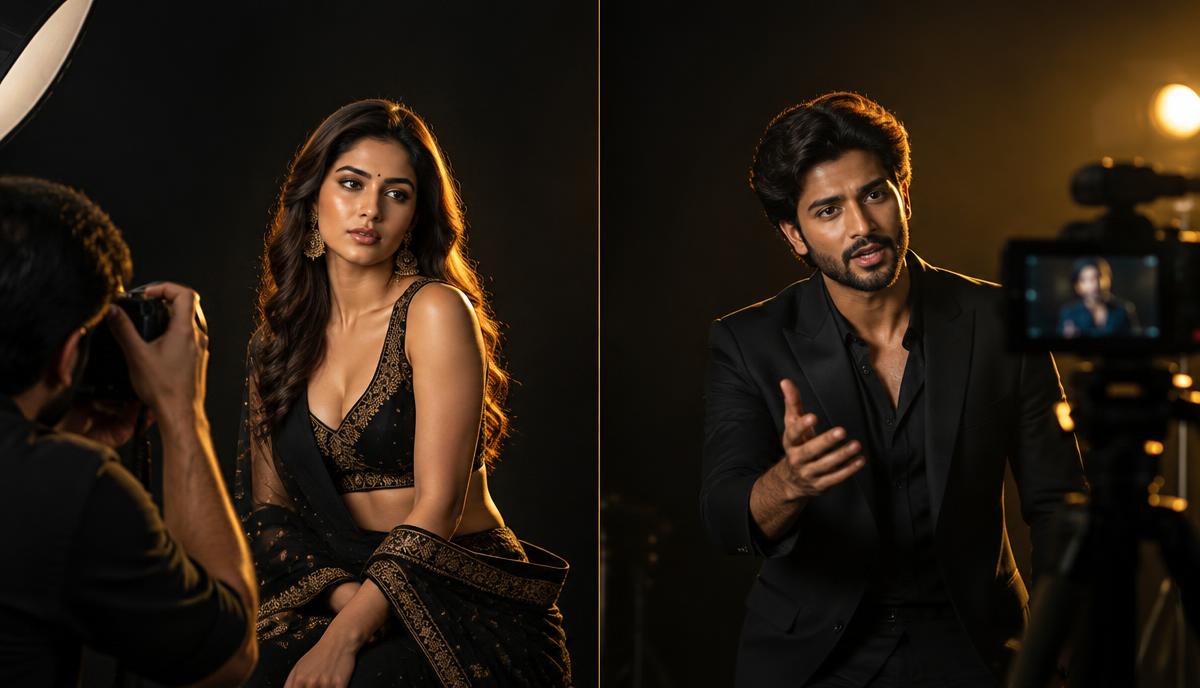 एक तरफ photographer के लिए pose करती model और दूसरी तरफ video camera के सामने perform करता actor
