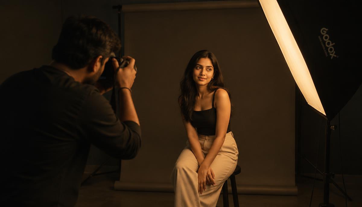 Plain backdrop और softbox के साथ photographer fresher model का simple photoshoot करता हुआ