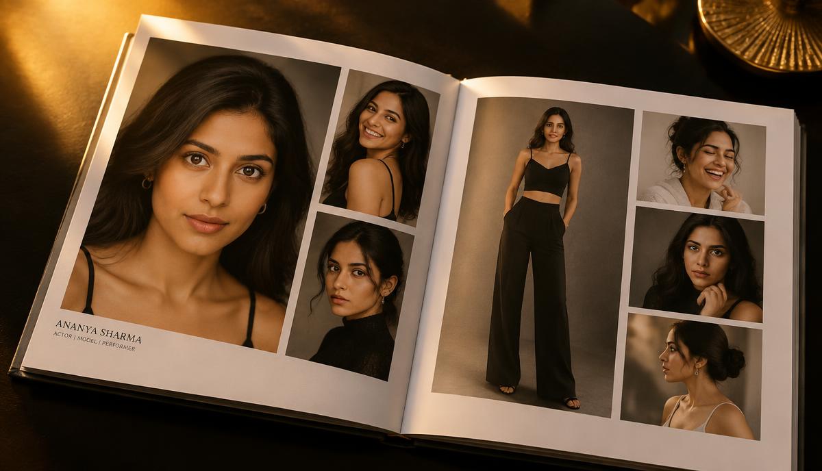 Headshots, full-length और expressions वाली खुली professional portfolio book
