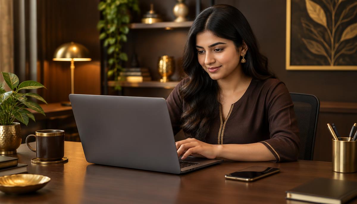 Indian young woman laptop पर polite professional message type करती हुई