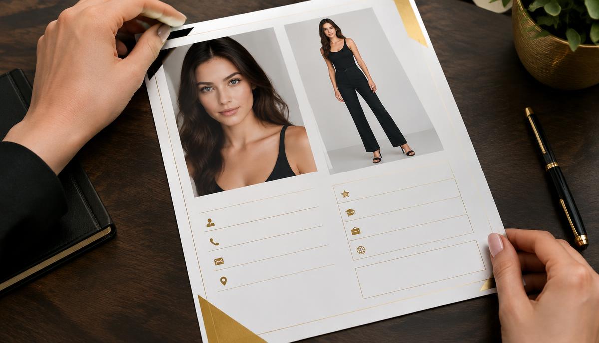 Headshot, full-length photo और खाली information fields वाली clean model profile sheet