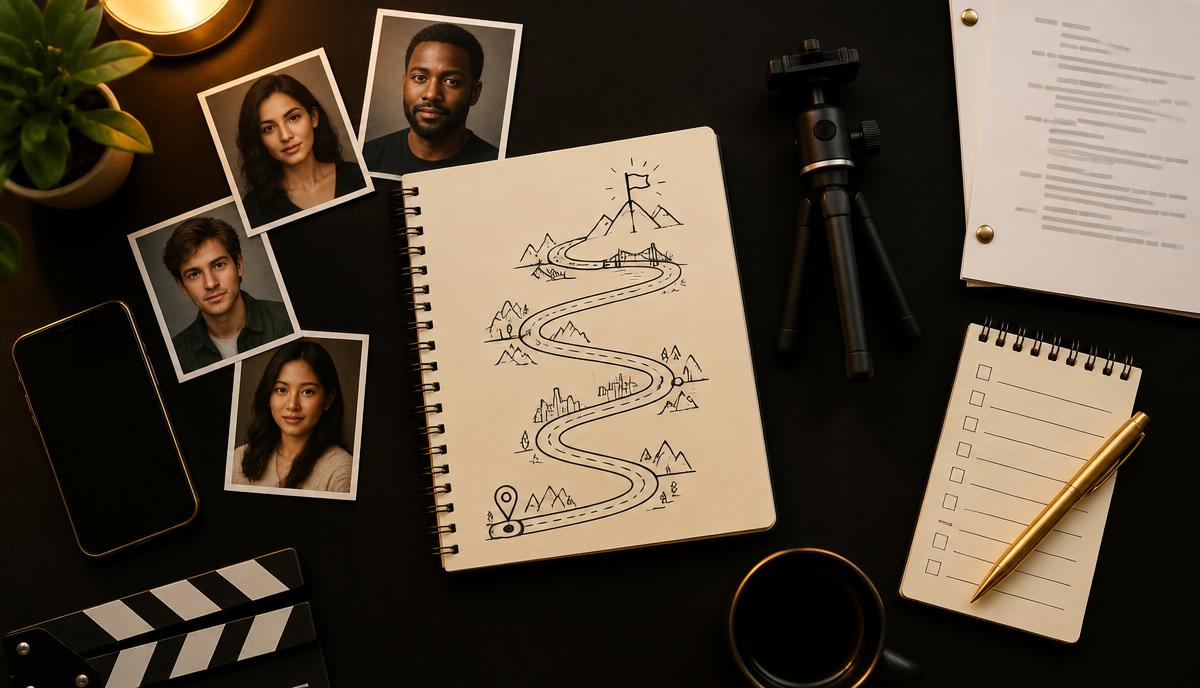 Roadmap drawing वाली notebook, headshots, smartphone, tripod और checklist का flat lay