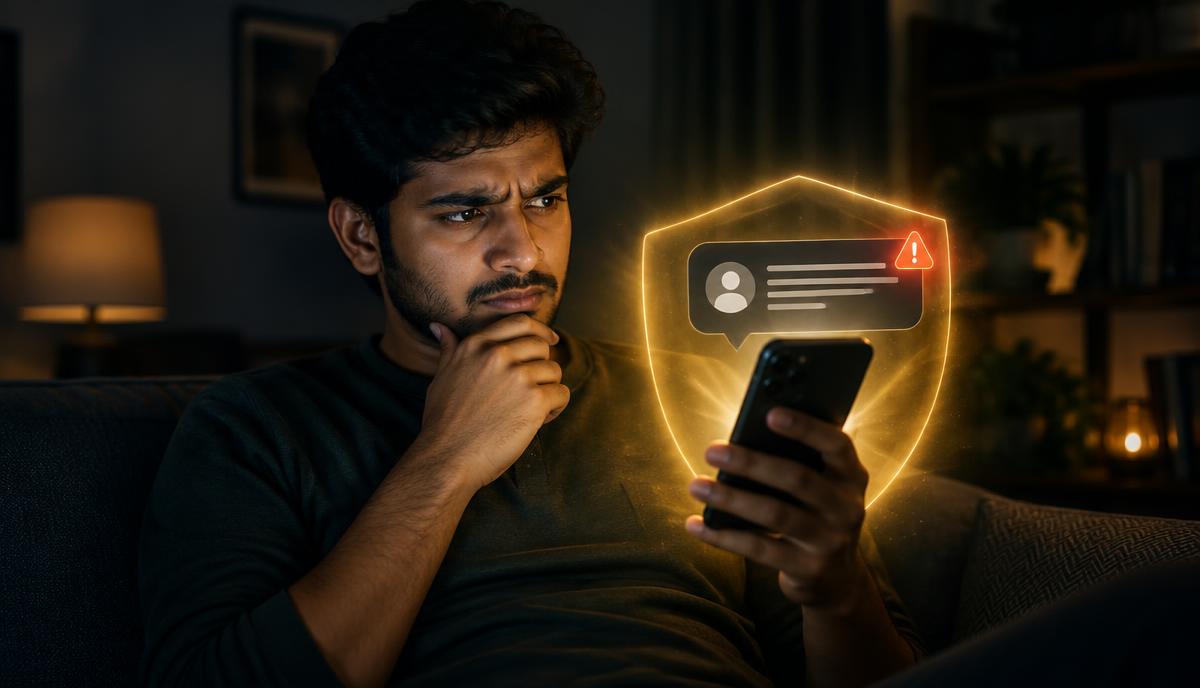 Indian young man smartphone पर suspicious message को सावधानी से देखता हुआ