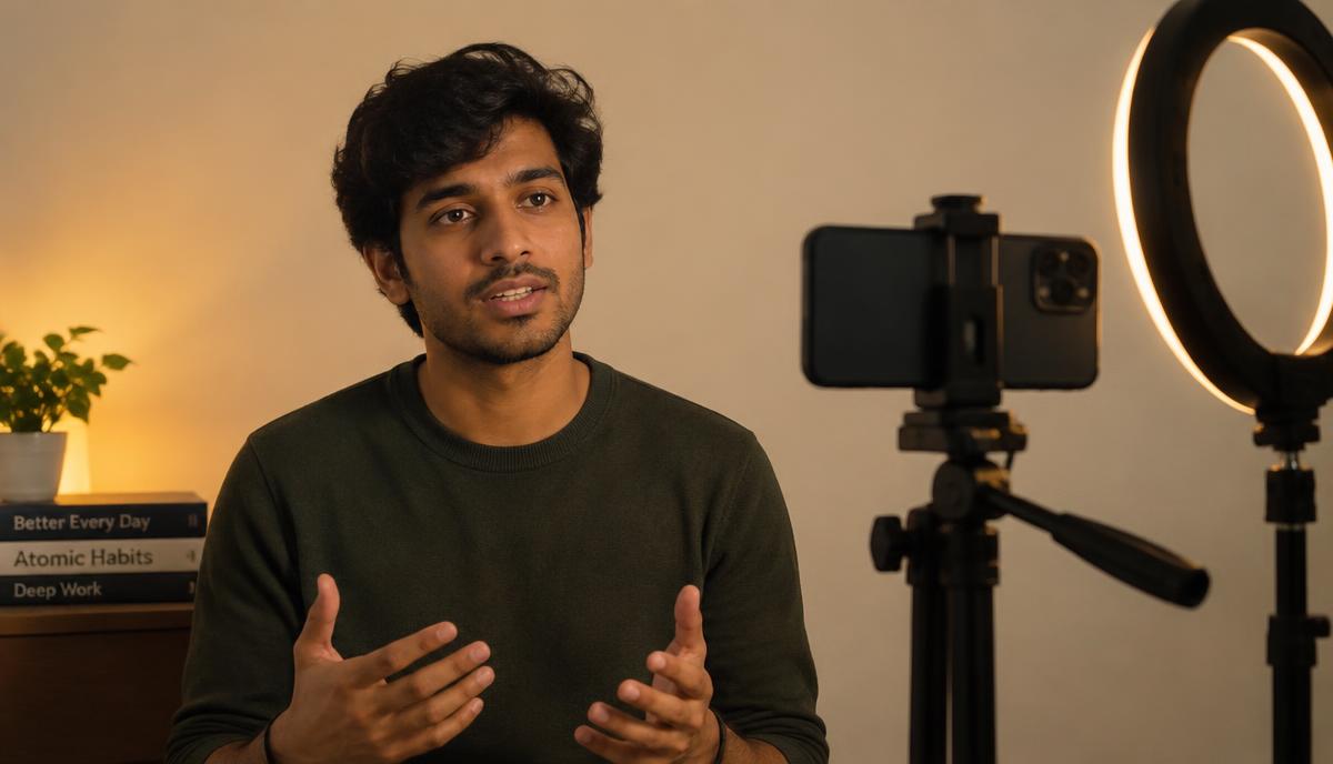 Indian young man घर पर tripod वाले smartphone और ring light से self-tape record करता हुआ