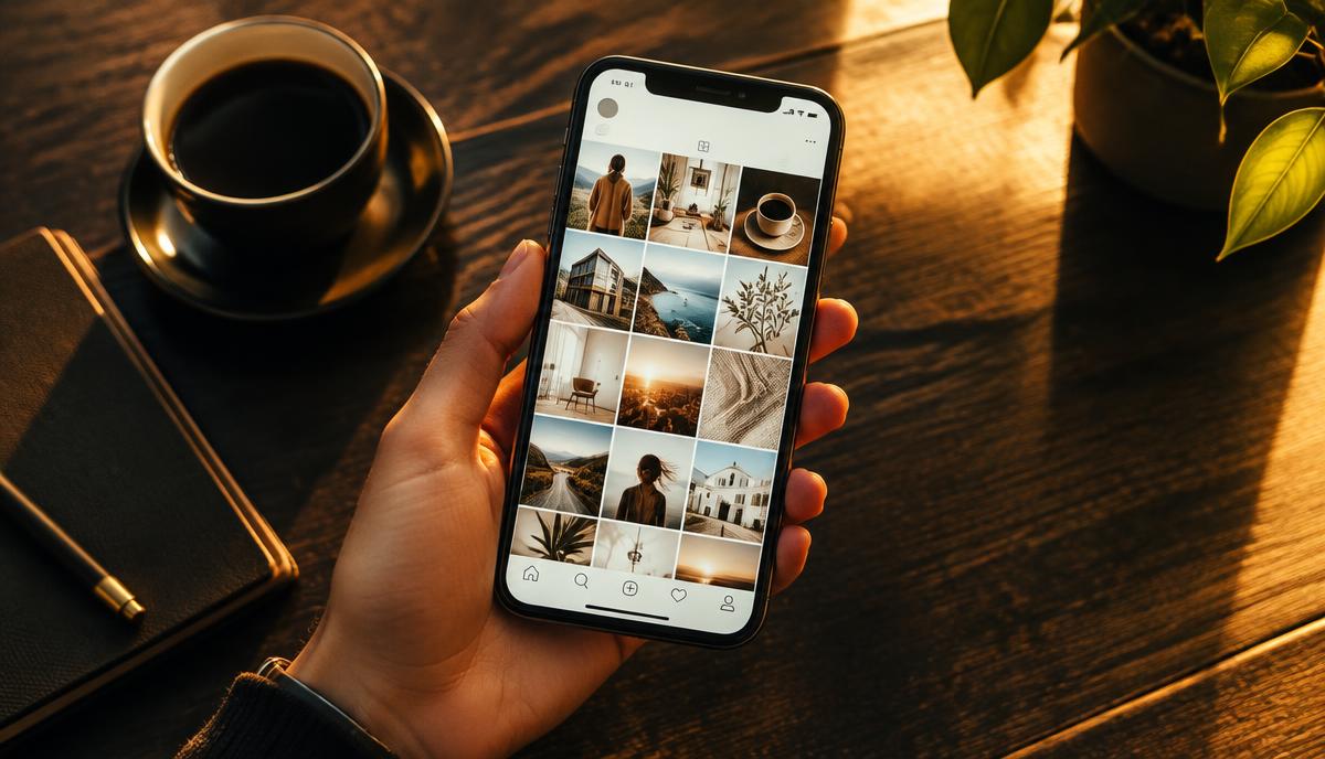 Smartphone पर organized professional photo grid वाला social media profile