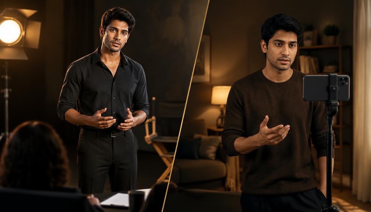 Studio in-person audition और घर पर smartphone self-tape की visual comparison