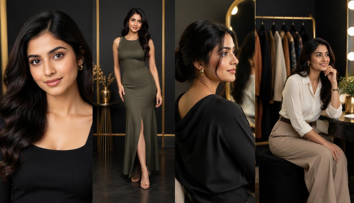 Indian model का headshot, full-length, side profile और commercial look वाला professional modeling portfolio