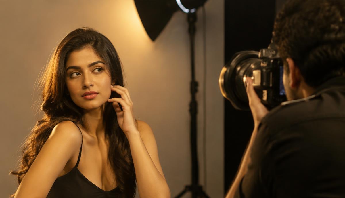 Model practicing expressions and posing during a training photoshoot with a professional photographer