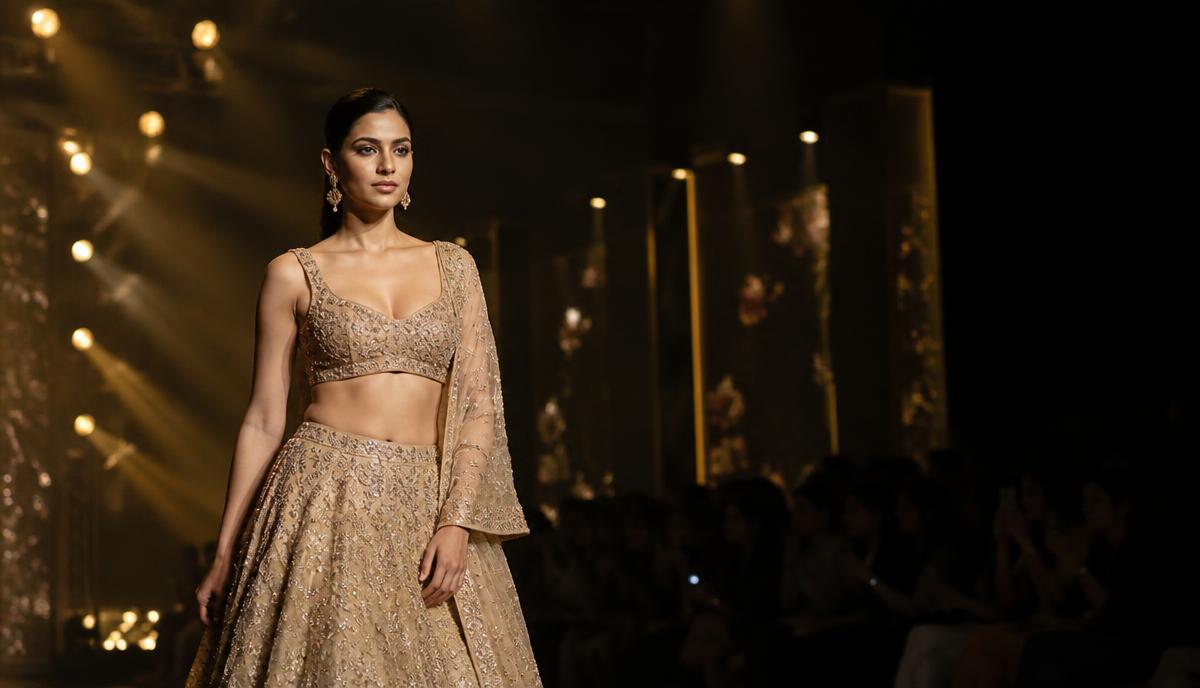 Indian fashion model walking the runway at a professional fashion show with golden stage lighting