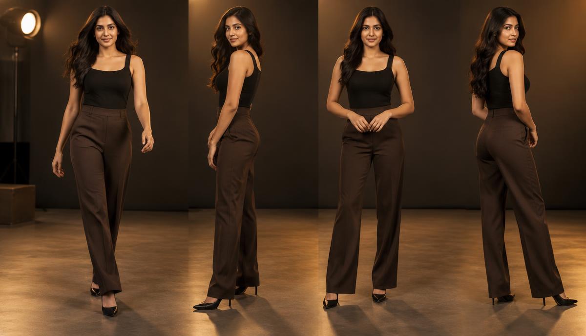 Indian model front profile, side profile, full-length walk और basic poses दिखाती हुई
