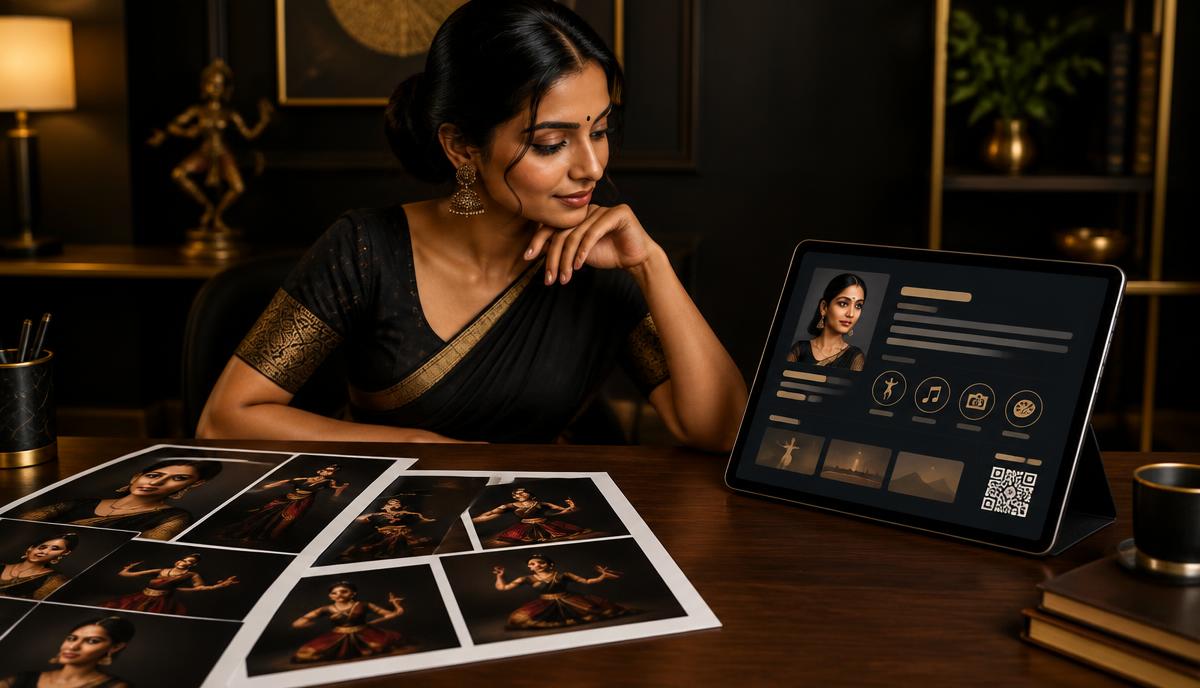 Indian performer printed photo portfolio और bio skills links वाले digital profile की तुलना करती हुई