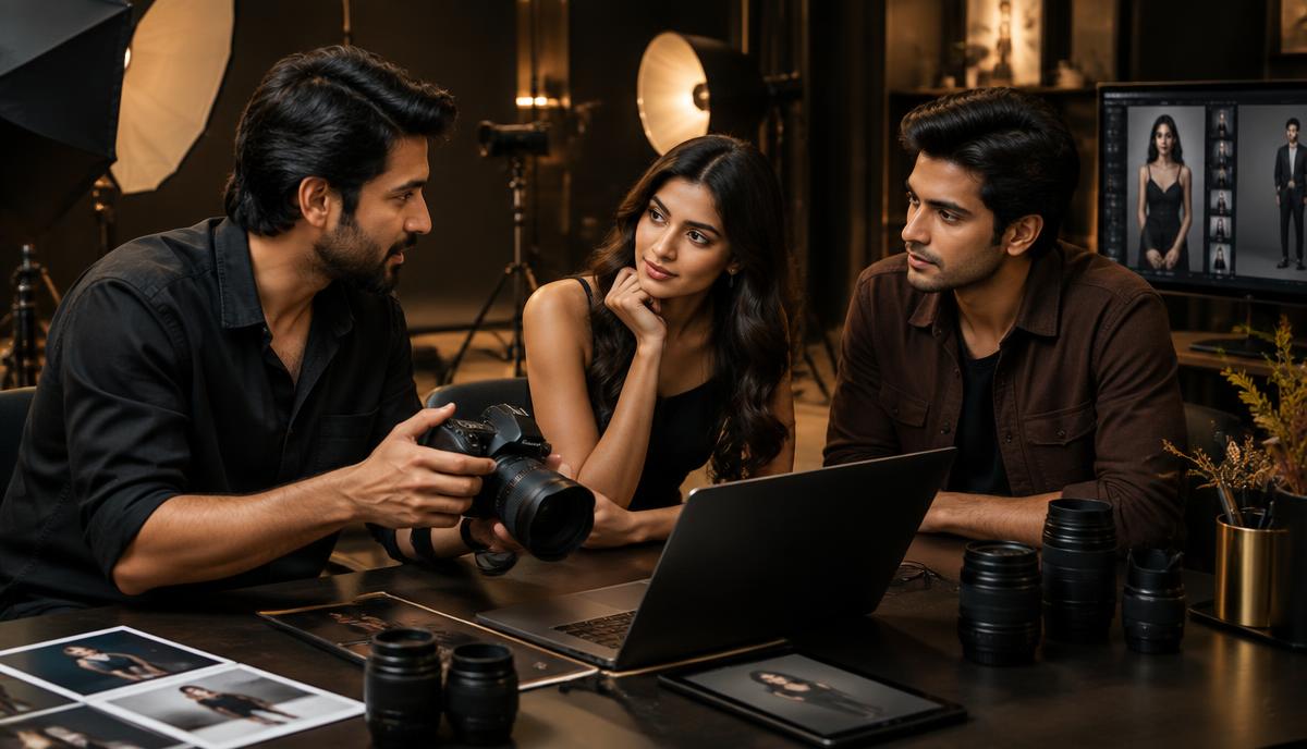 Photographer Indian actor और model को portfolio photoshoot package और deliverables समझाते हुए