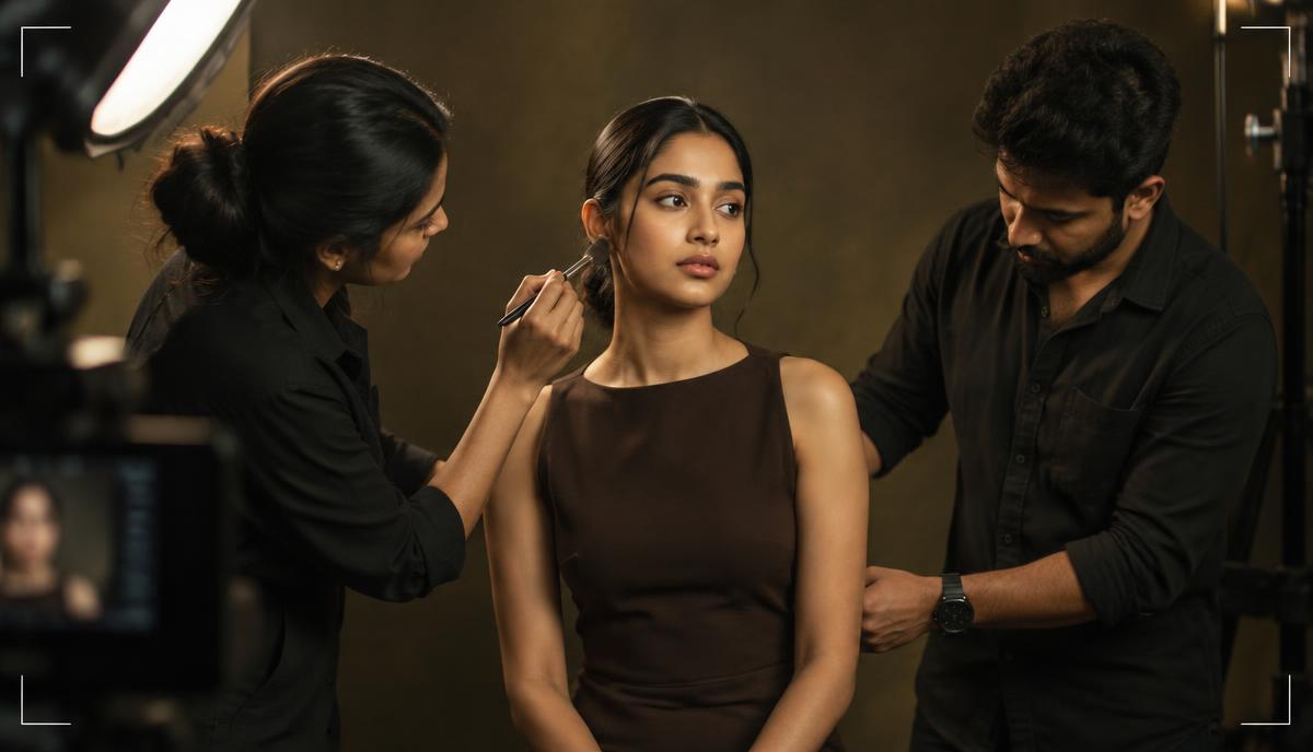 Indian model professional portfolio shoot से पहले clean grooming, simple outfit और studio lighting तैयार करवाती हुई