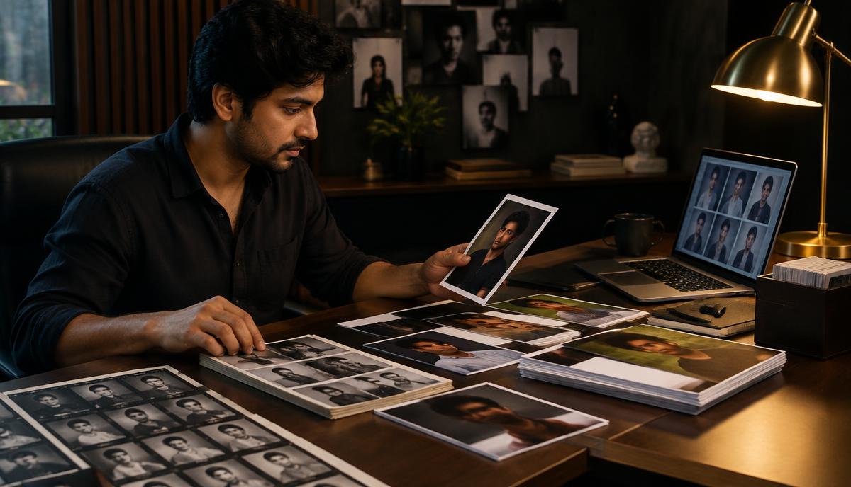 Indian actor पुराने portfolio photos हटाकर recent headshots और relevant work samples update करता हुआ