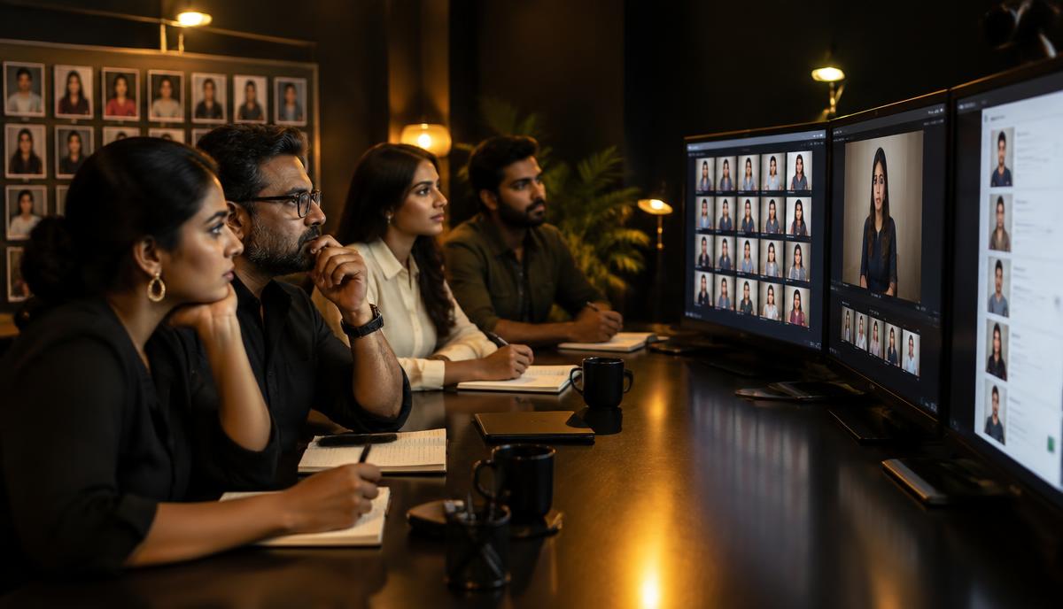 Professional Indian casting team submitted audition videos और profiles review करती हुई