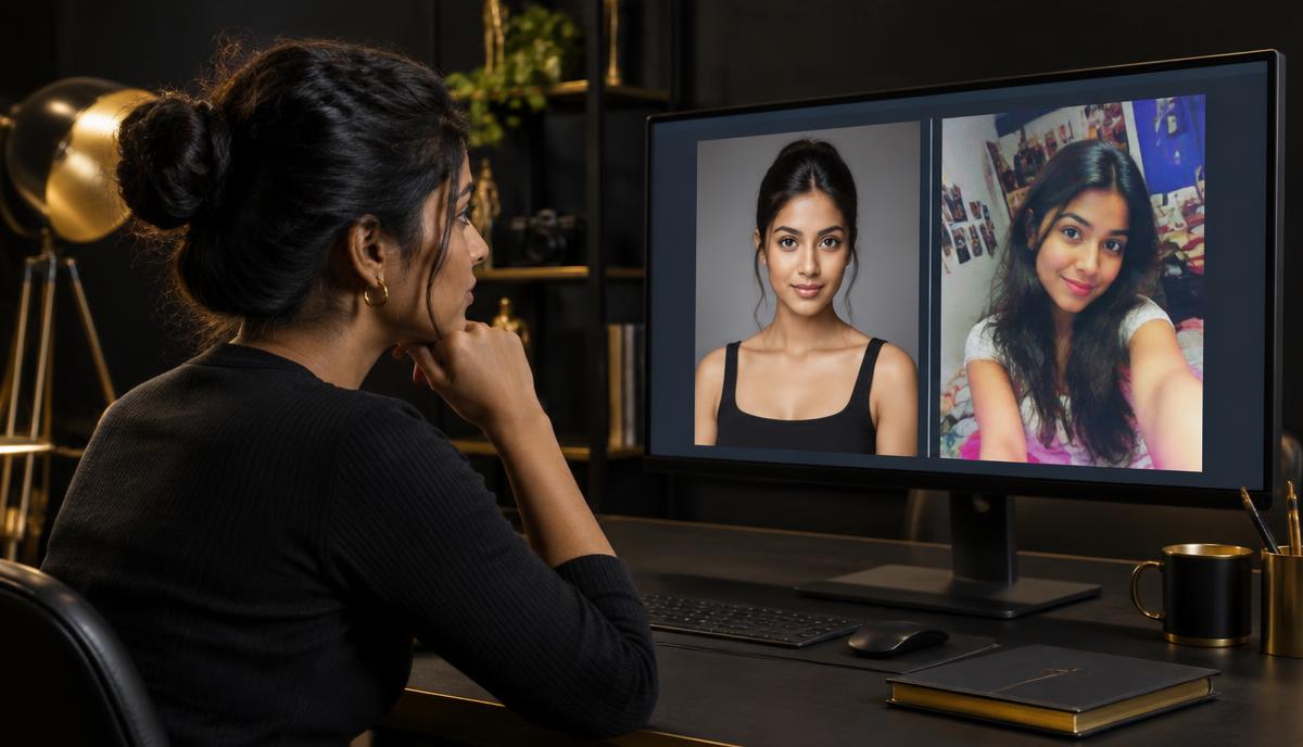 Professional clear portrait और filtered casual social-media photo की educational comparison देखती Indian candidate