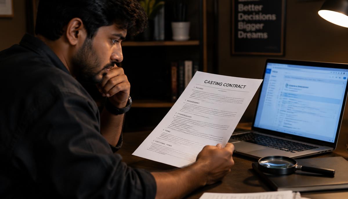 Person carefully verifying a casting contract document with a laptop and magnifying glass before making any payment