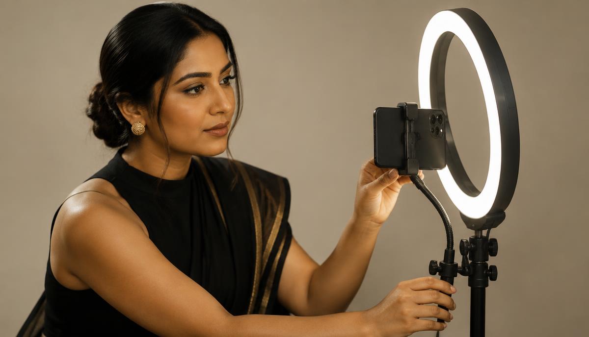 Indian candidate smartphone tripod और front light के साथ self-tape setup तैयार करती हुई
